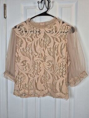 Peach Cream Crochet Lace Mock Neck Top Large Coquette Cottagecore Puff Sleeve